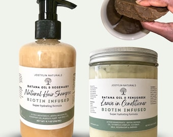 Op de afbeelding: Een pompfles Jostylin Naturals Batana-olie en rozemarijn natuurlijke haarshampoo, een pot Batana-olie en fenegriek leave-in conditioner, en een klein kommetje met een vaste bruine substantie, allemaal verrijkt met biotine.
