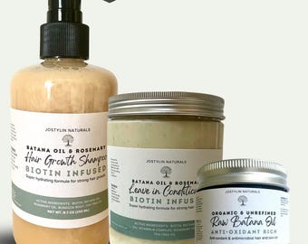 May include: Three hair care products from Jostylin Naturals. The products include a shampoo, leave-in conditioner, and raw batana oil. The shampoo is in a clear bottle with a black pump. The other two products are in jars with silver lids.