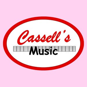 May include: An oval logo with a red border on a light pink background. The white center features the red text Cassell's above a black guitar fretboard graphic and the black text Music. The design is centered and uses bold, clear typography.