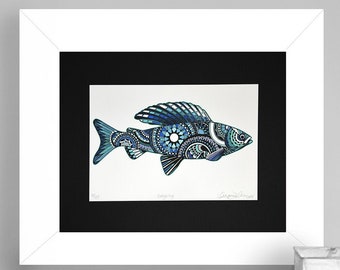 Edition limitée Grayling Zentangle poisson art Gicleé impression 8.5 "x 11» d’archivage feutré à 11 x 14 po