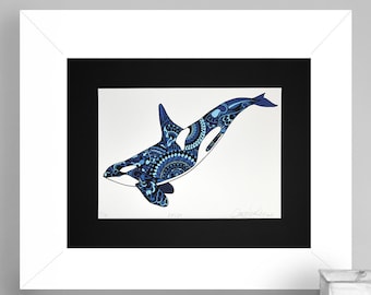 Limited Edition Orca Zentangle Art Gicleé Print 8.5"x11" Archival Matted to 11"x14"