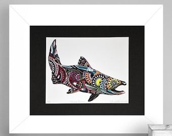 Limited Edition Chinook Salmon Zentangle Fish Art Gicleé Print 8.5"x11" Archival Matted to 11"x14"