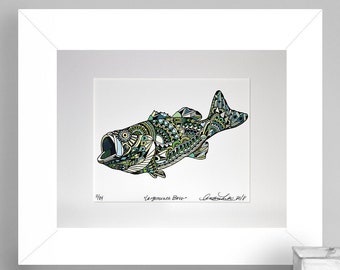 Limited Edition Largemough Bass Zentangle Fish Art Gicleé Print 8.5"x11" Conservation Matted to 11"x14"