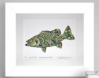 Limited Edition Zentangle Smallmouth Bass Gicleé Print 8.5x11 Conservation Matted to 11x14