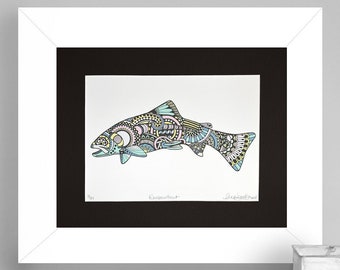 Limited Edition Zentangle Rainbow Trout Gicleé Print 8.5"x11" Archival Matted to 11"x14"