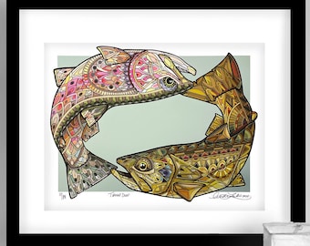 Archival Trout Duo Trucha Arco Iris Trucha Marrón Edición Limitada Impresión Giclee 11x14