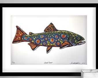 限定版 紅鮭 ゼンタングル 魚アート ジクレープリント 8.5
