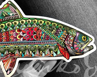 Rainbow Trout Swimming Zentangle Laminated Die Cut 3M Vinyl Decal