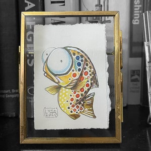 Brillante trucha marrón miniatura enmarcada acuarela pintura