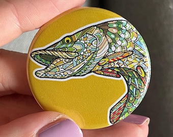 Musky Muskie Muskellunge on Burnt Yellow Collector Pin Fishing Pinback Button or Magnet