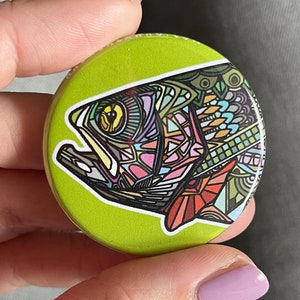 Rainbow Trout on Chartreuse Collector Pin Fishing Pinback Button or Magnet