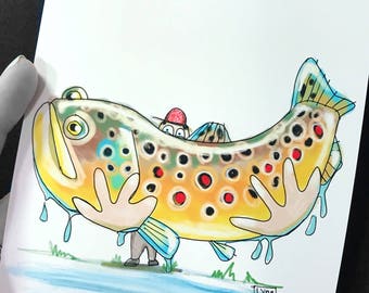 Bob Fly Fishing Cartoon Series Big Fish Art Print 5"x7 »