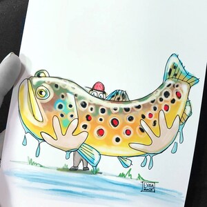 Bob Fly Fishing Cartoon Series Big Fish Art Print 5&quot;x7&quot;