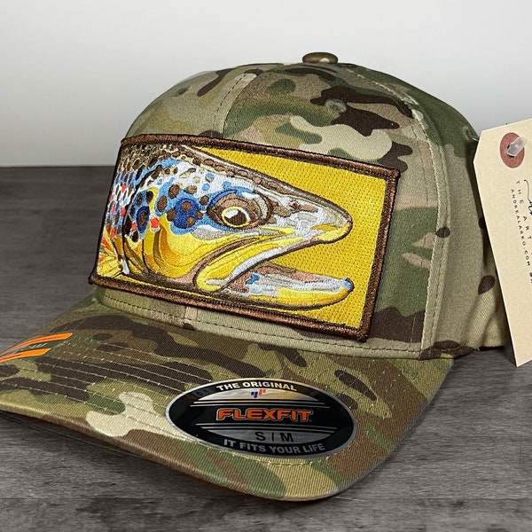 Limited Edition Embroidered Brown Trout Patch Flexfit Muitcam Hat