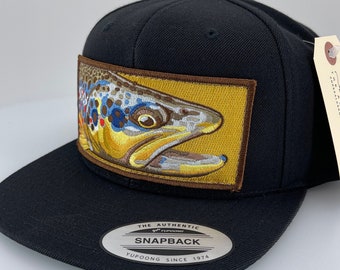 Embroidered Flat Brim Black Wool Blend Brown Trout Patch Black Snapback Hat