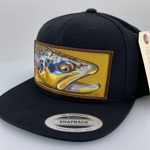 Embroidered Flat Brim Black Wool Blend Brown Trout Patch Black Snapback Hat image 1