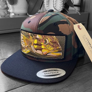 Embroidered Smallmouth Bass Patch Flat Brim Camo Wool Blend Snapback Hat image 1