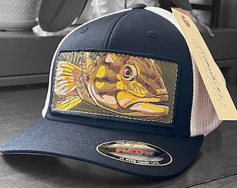 Embroidered Smallmouth Bass Patch Flexfit Black Crown with White Mesh Hat