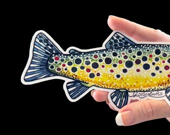 Vinilo adhesivo mate impermeable de 20 cm con diseño de trucha marrón en acuarela.