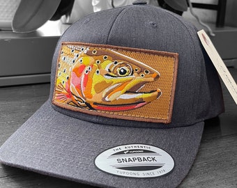 Embroidered Cutthroat Trout Patch Slate Gray Full Fabric Trucker Snapback Hat