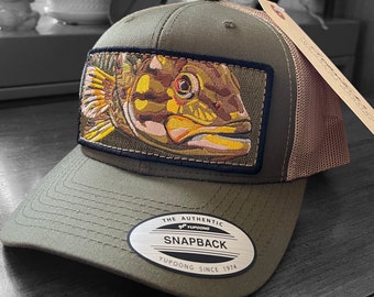 Embroidered Smallmouth Bass Patch Olive Trucker Snapback Hat