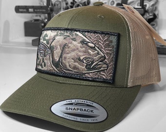 Embroidered Halibut Patch Moss with Tan Mesh Trucker Hat