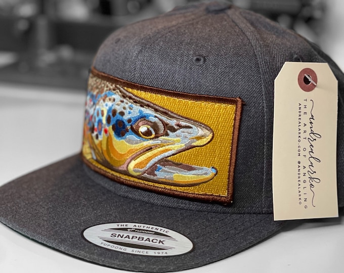 Embroidered Flat Brim Wool Blend Brown Trout Patch Slate Gray Snapback Hat
