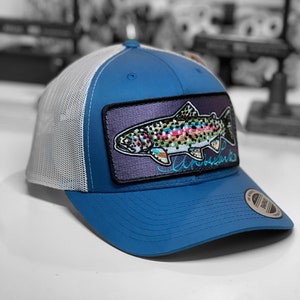 Embroidered Rainbow Trout Patch Steel Blue Trucker Hat Blue