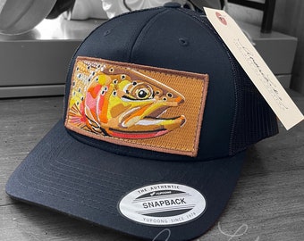 Embroidered Cutthroat Trout Patch Black Trucker Mesh Snapback Hat