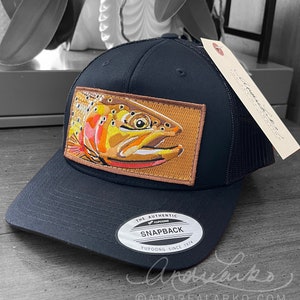 Embroidered Cutthroat Trout Patch Black Trucker Mesh Snapback Hat image 1