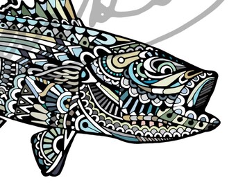 Zentangle Striped Bass Fish Art Print 8.5"x11"