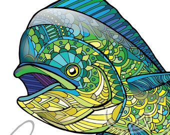 Zentangle Mahi Dolphin Tuna Fish Art Print 8.5"x11"