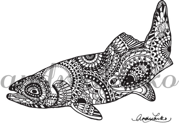 Zentangle zwart-wit bruin forel vis Print 8.5 x Etsy
