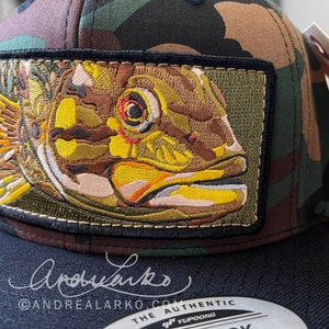 Embroidered Smallmouth Bass Patch Flat Brim Camo Wool Blend Snapback Hat image 3