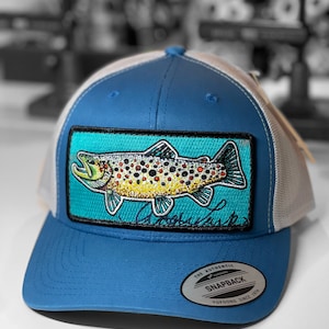 Embroidered Brown Trout Patch Steel Blue Trucker Hat
