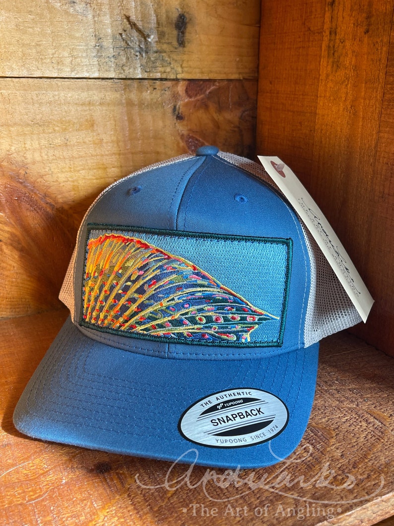 Embroidered Grayling Fin Patch Glacier Blue Trucker Snapback Hat image 1