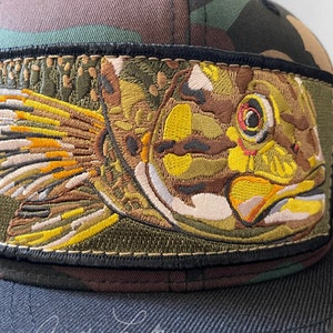 Embroidered Smallmouth Bass Patch Flat Brim Camo Wool Blend Snapback Hat image 4