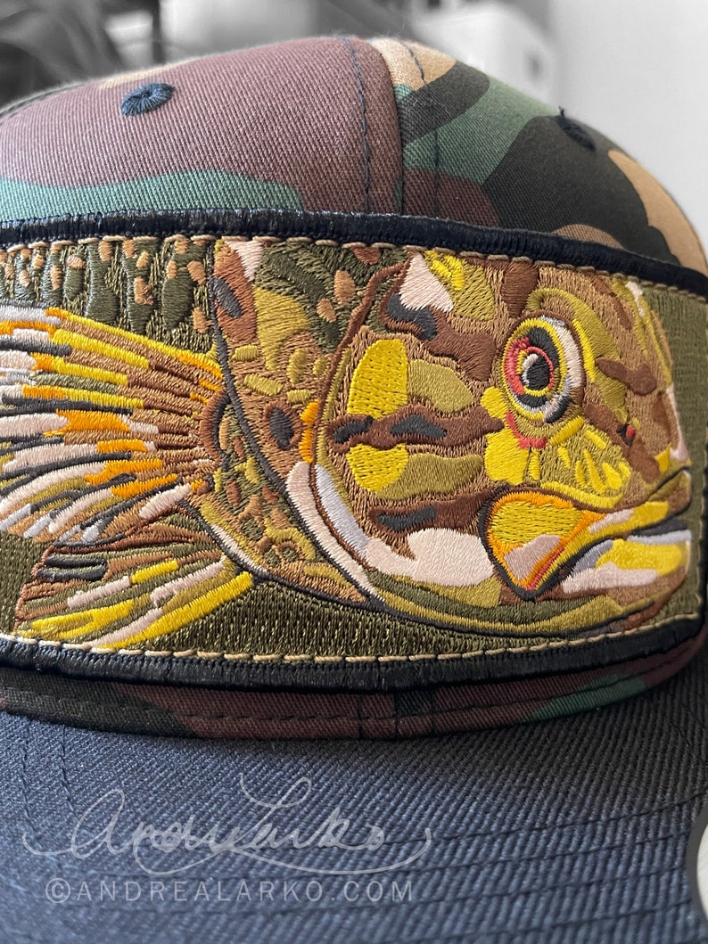 Embroidered Smallmouth Bass Patch Flat Brim Camo Wool Blend Snapback Hat image 4