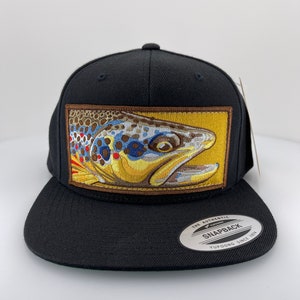 Embroidered Flat Brim Black Wool Blend Brown Trout Patch Black Snapback Hat image 2