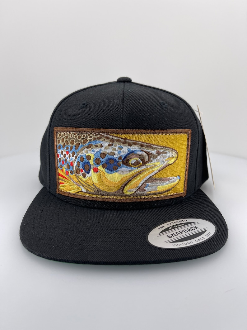 Embroidered Flat Brim Black Wool Blend Brown Trout Patch Black Snapback Hat image 2