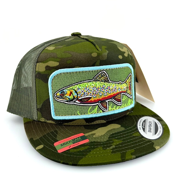 Embroidered Brook Trout Patch Camo 5 Panel Trucker Snapback  display picture 3
