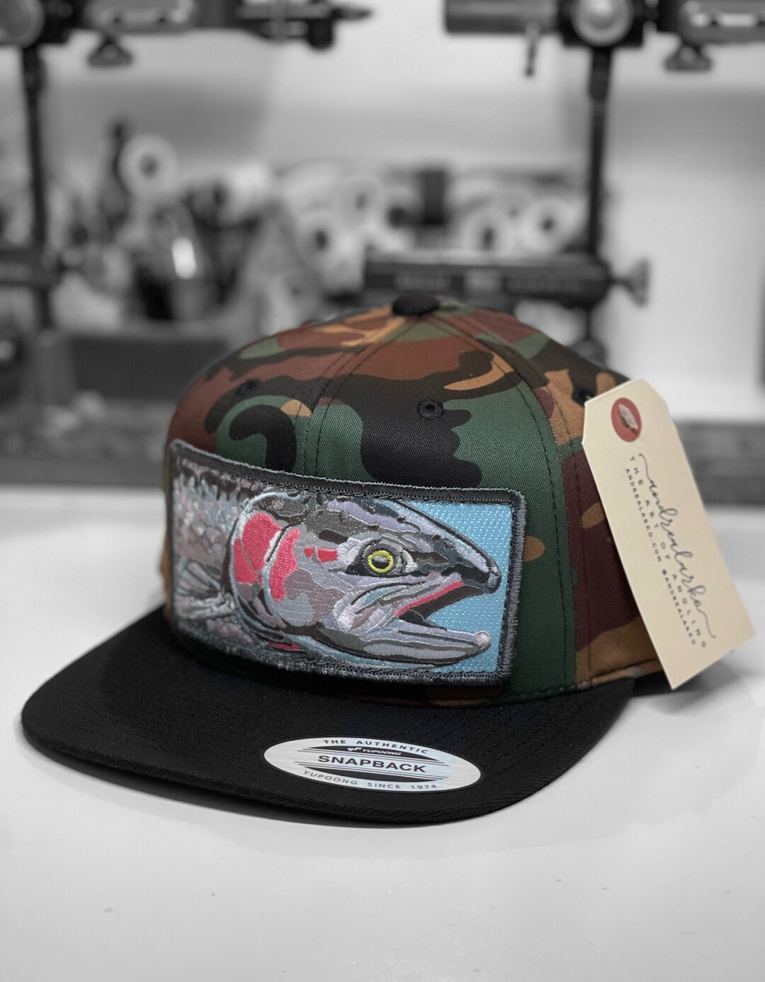 Embroidered Flat Brim Camo Steelhead Patch Snapback Hat Etsy