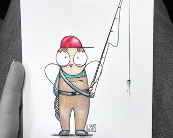 Bob Fly Fishing Cartoon Series Missing Guide Art Print 5"x7"