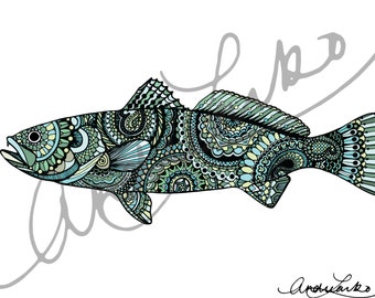 Zentangle Sea Trout Fish Art Print 8.5"x11"