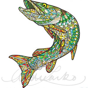 May include: A colorful, detailed illustration of a fish with its mouth open, facing left. The fish is filled with intricate patterns in shades of green, yellow, red, and blue. The text "LEFT FACING" appears above the fish.