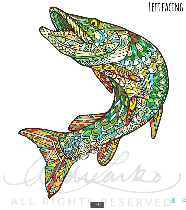 May include: A colorful, detailed illustration of a fish with its mouth open, facing left. The fish is filled with intricate patterns in shades of green, yellow, red, and blue. The text "LEFT FACING" appears above the fish.