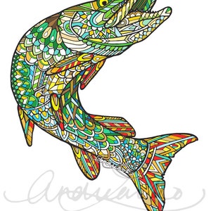 May include: A colorful, intricate, detailed illustration of a fish facing right. The fish is green, yellow, blue, red, and orange. The fish is jumping out of the water. The text "RIGHT FACING" is at the top of the image.