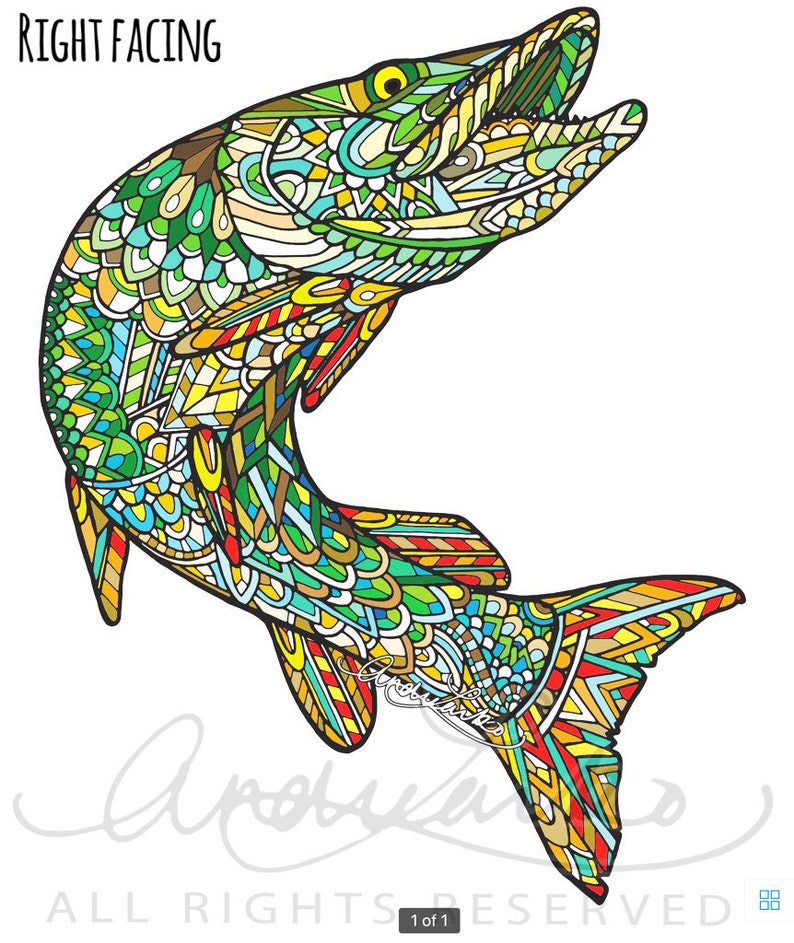 May include: A colorful, intricate, detailed illustration of a fish facing right. The fish is green, yellow, blue, red, and orange. The fish is jumping out of the water. The text "RIGHT FACING" is at the top of the image.