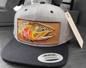 Embroidered Flat Brim 2 Tone Gray Wool Blend Cutthroat Trout Patch Snapback Hat