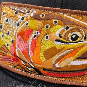 Embroidered Cutthroat Trout Patch Black Trucker Mesh Snapback Hat image 4